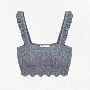 Zara Knit Crop Top Gray Cable Ruffle Strap Scalloped Hem Size Small